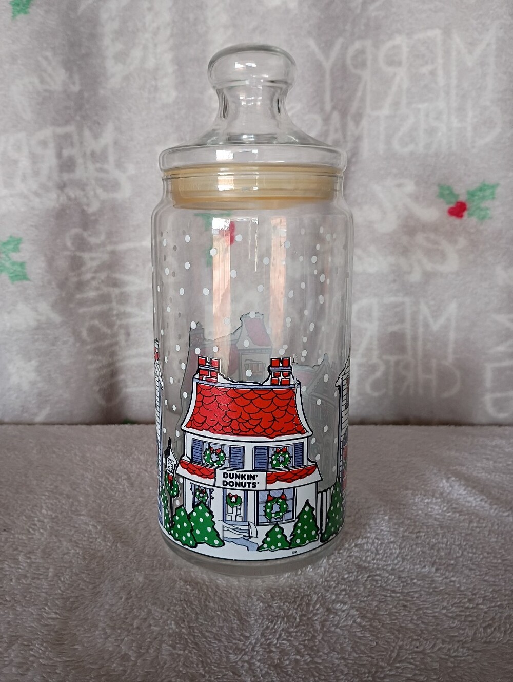 1992 Dunkin' Donuts Christmas Holiday Village glass canister jar